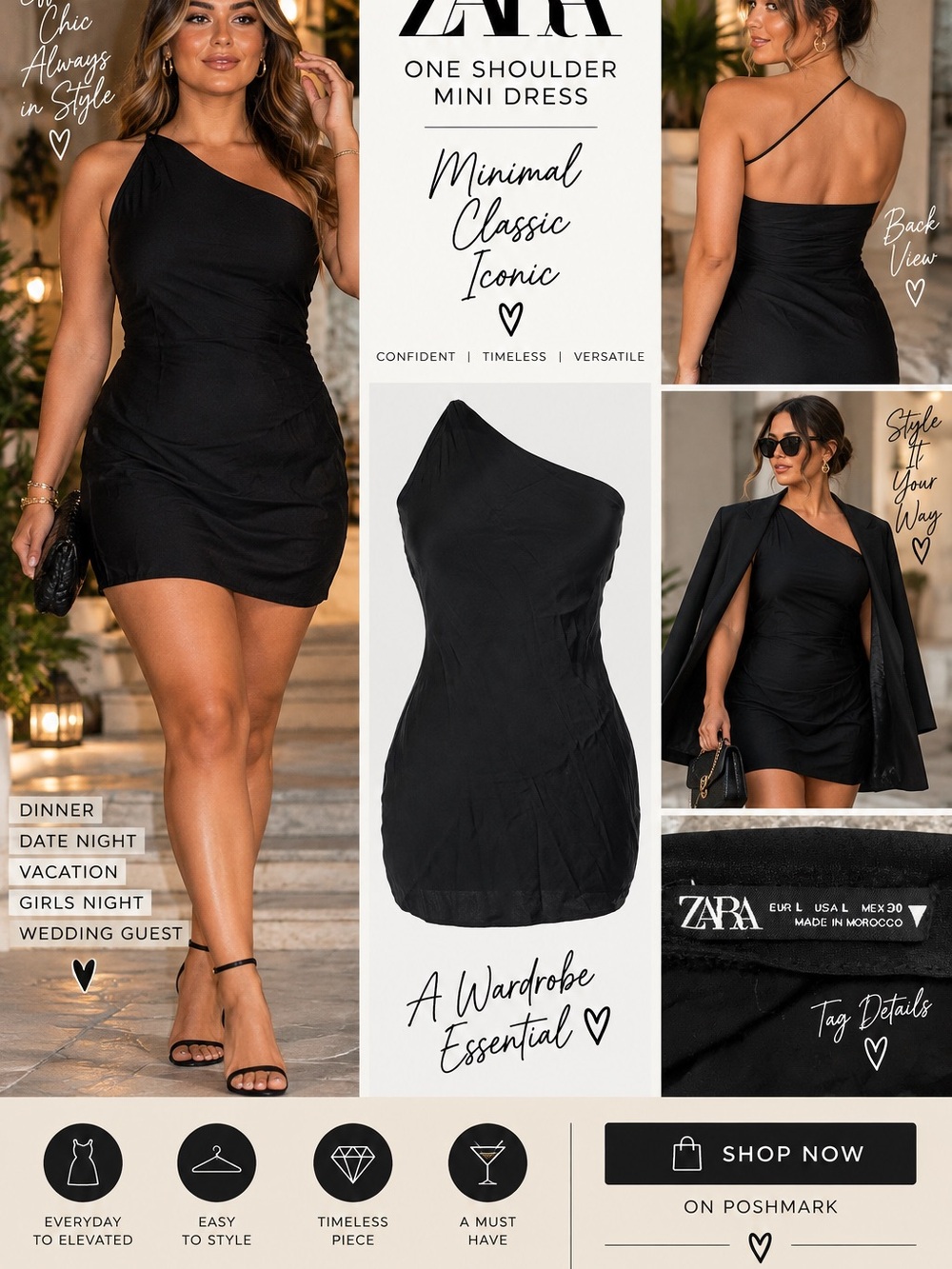 Zara Black One Shoulder Mini Dress L Asymmetrical Date Night Cocktail LBD